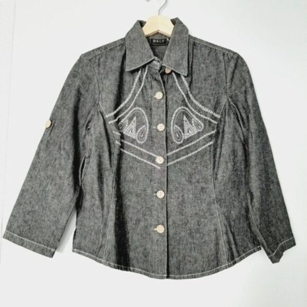 ORLY Denim 3/4 Utility Sleeve Jean Embroidery Button Down Shacket Sz 6